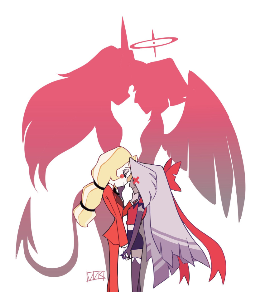 2girls, angel, angel_and_devil, angel_wings, blonde_hair, bow, charlie_morningstar, closed_eyes