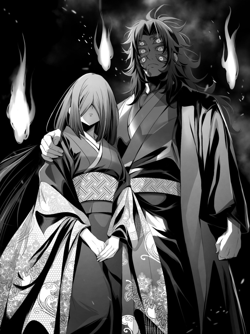 1boy, 1girl, arm_at_side, closed_mouth, covered_eyes, demon_boy, extra_eyes, facial_mark