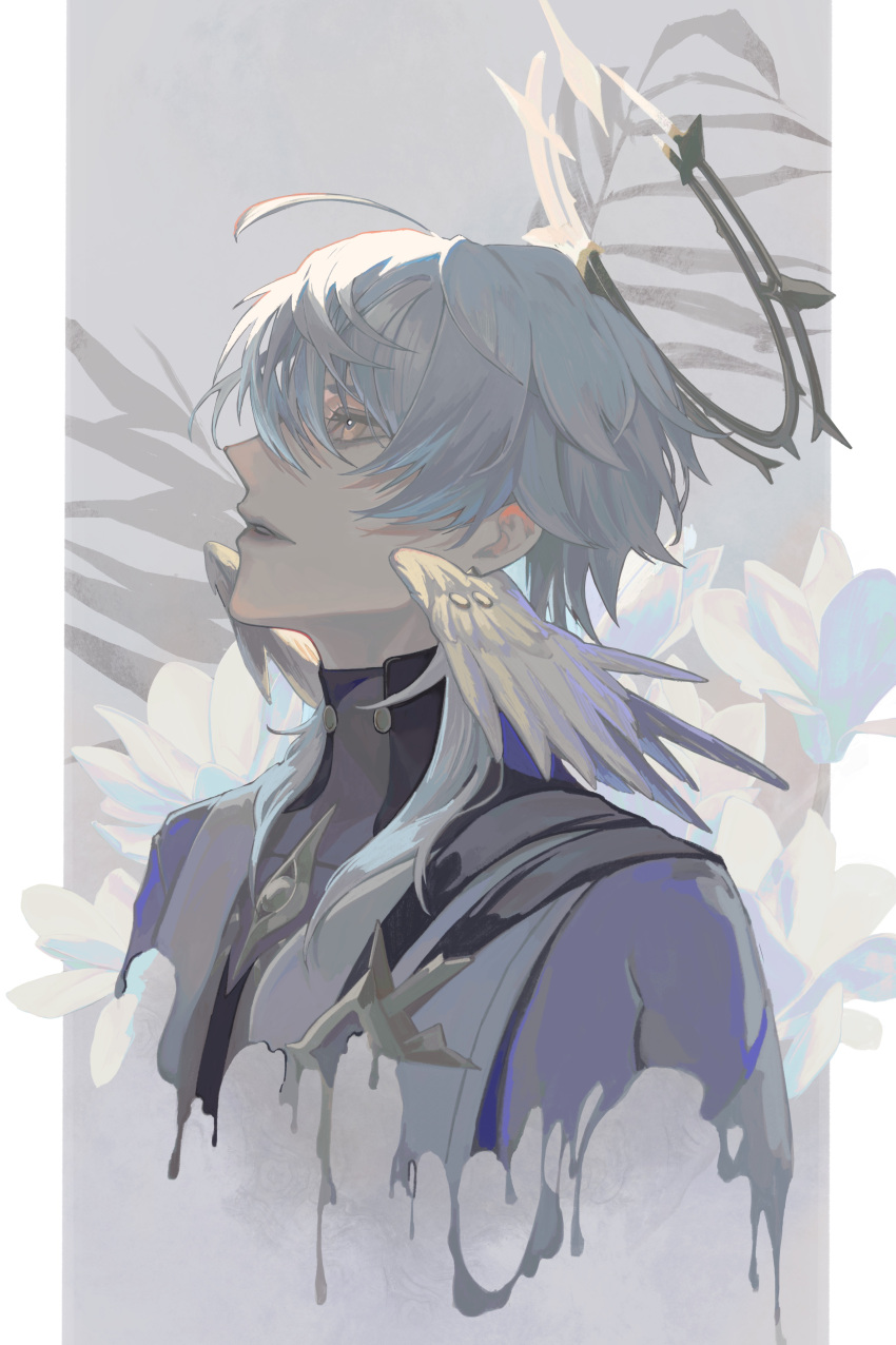 1boy, absurdres, grey_hair, hair_between_eyes, haku_ris, halo, head_wings, highres