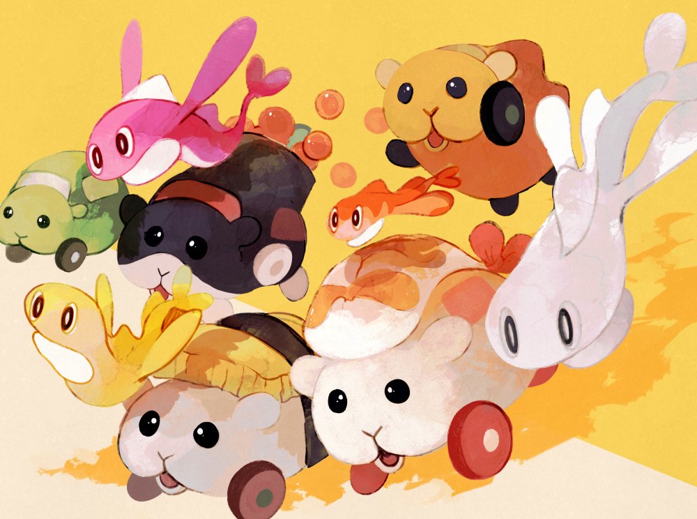 alternate_color, animal_focus, black_eyes, bright_pupils, commentary_request, crossover, fish_(food), full_body, happy, ikura_(food), jumping, li04r, no_humans, open_mouth, pokemon, pokemon_(creature), pui_pui_molcar, shiny_pokemon, sushi_molcar_(ikura), sushi_molcar_(inari), sushi_molcar_(shrimp), sushi_molcar_(tamago), tatsugiri, tatsugiri_(curly), tatsugiri_(droopy), tatsugiri_(stretchy), wasabi_(pui_pui_molcar), yellow_background