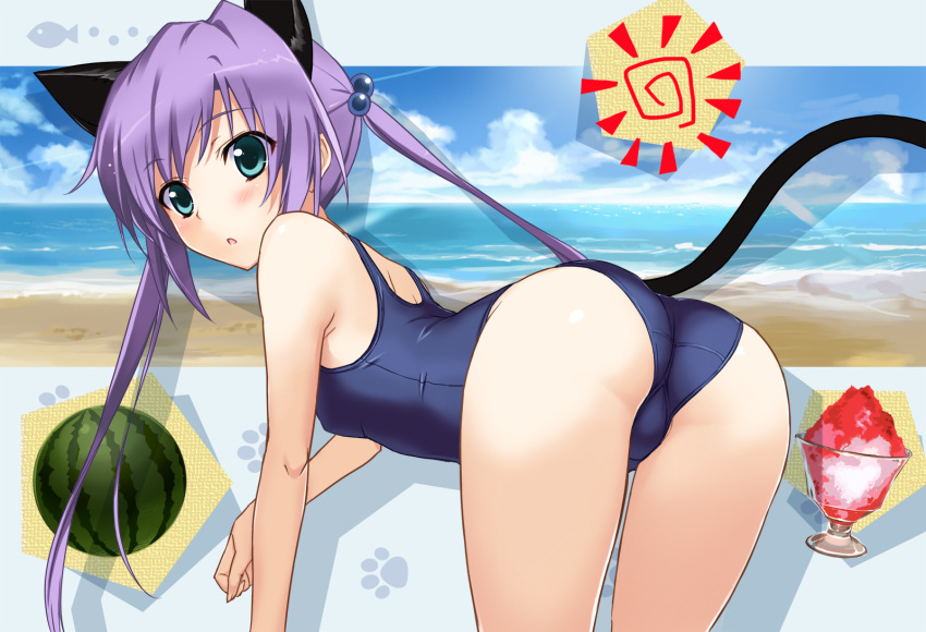bent_over, blue_eyes, cat_ears, cat_tail, food, fruit, highres, long_hair