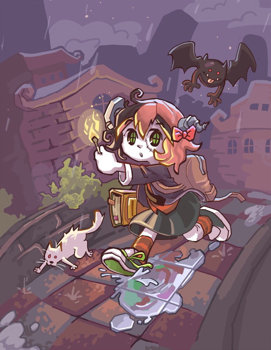 1girl, :o, ahoge, animal, backpack, bag, bat_(animal), black_eyes