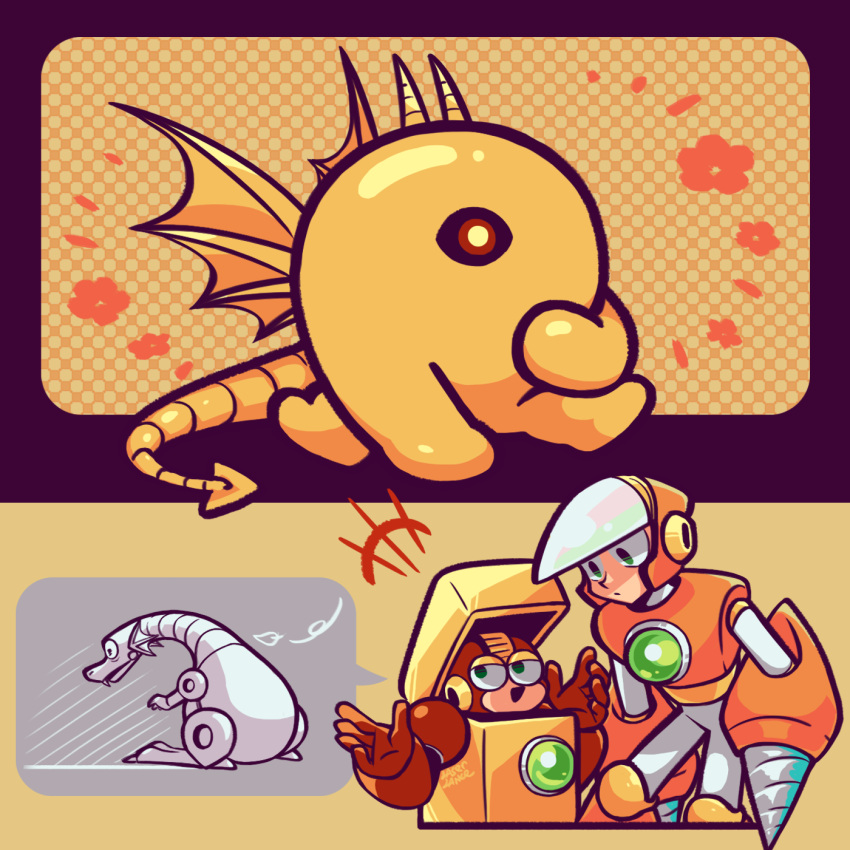 +++, 2boys, android, closed_mouth, crash_man, fusion, green_eyes, heat_man