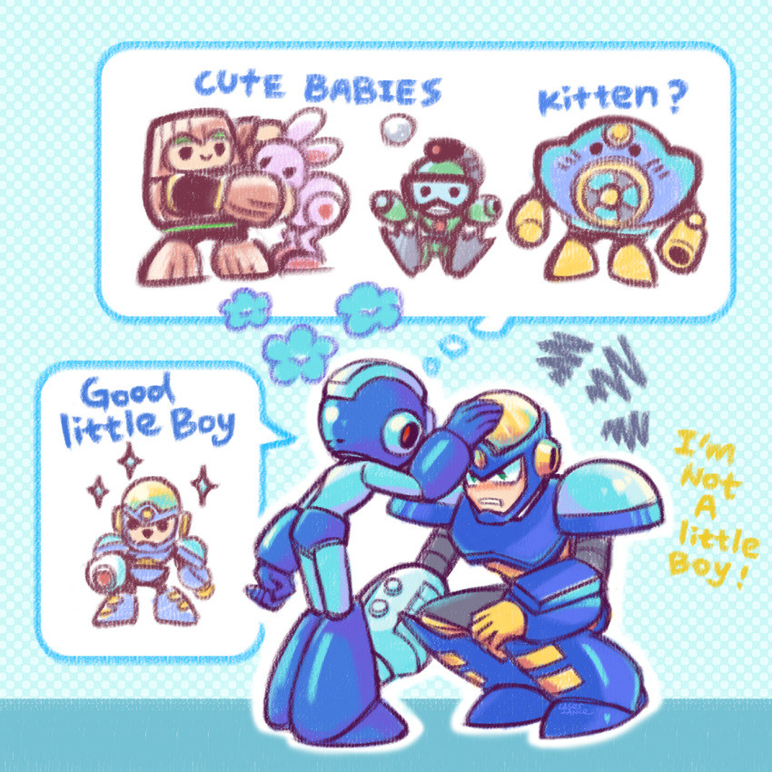 2boys, air_man, android, bubble_man, english_text, flash_man, headpat, highres