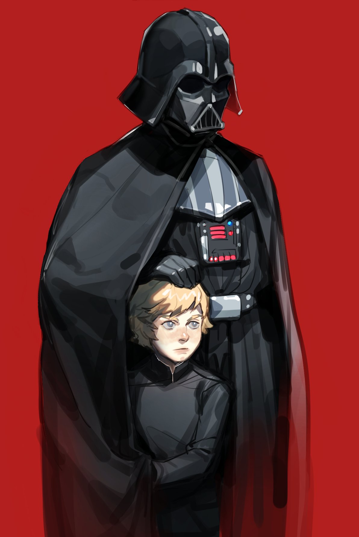 2boys, armor, belt, black_cape, black_gloves, blonde_hair, blush, btraven, cape, darth_vader, father_and_son, gloves, helmet, highres, luke_skywalker, multiple_boys, nose_blush, red_background, simple_background, standing, star_wars, star_wars:_return_of_the_jedi