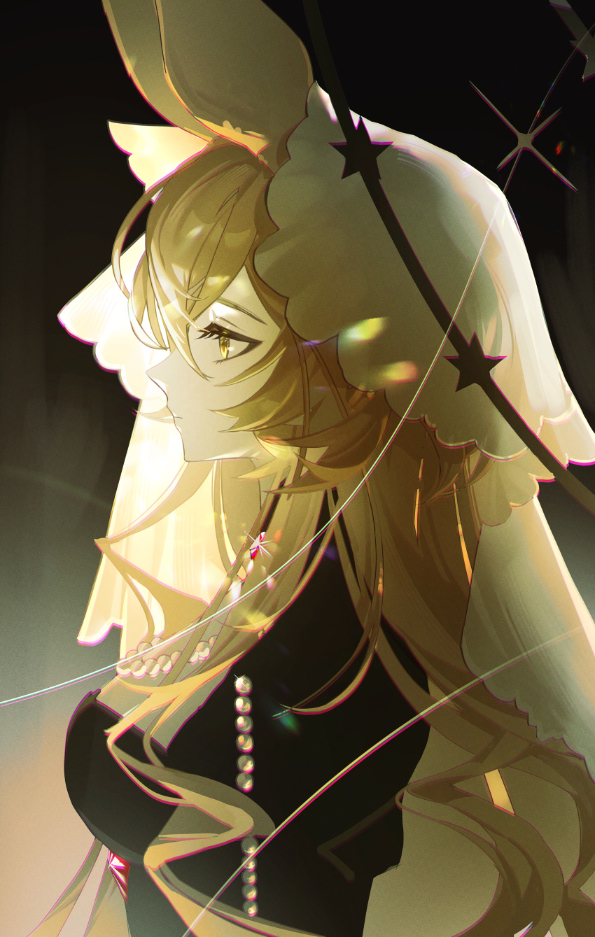 1girl, absurdres, animal_ears, arknights, black_background, black_dress, blonde_hair, breasts, chinese_commentary, commentary, dorothy_(arknights), dorothy_(hand_of_destiny)_(arknights), dress, earrings, expressionless, from_side, gem, gradient_background, highres, jewelry, lens_flare, light176, looking_ahead, medium_breasts, official_alternate_costume, pearl_earrings, profile, rabbit_ears, rabbit_girl, red_gemstone, solo, veil, yellow_eyes