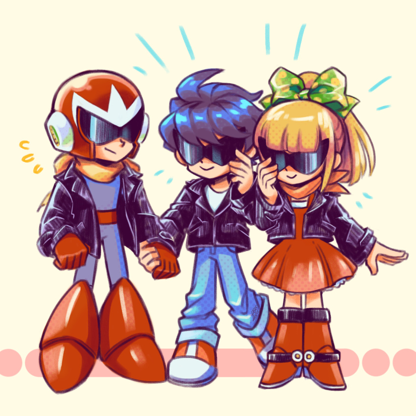 1girl, 2boys, black_hair, black_jacket, blonde_hair, blunt_bangs, boots, bow
