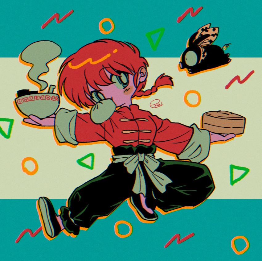 1girl, bandana, black_footwear, braid, braided_ponytail, chinese_clothes, circle, food