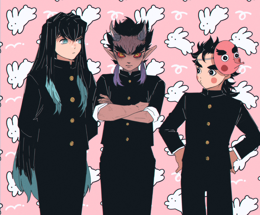 3boys, angry, aqua_eyes, aqua_hair, arms_behind_back, black_hair, black_jacket, black_pants