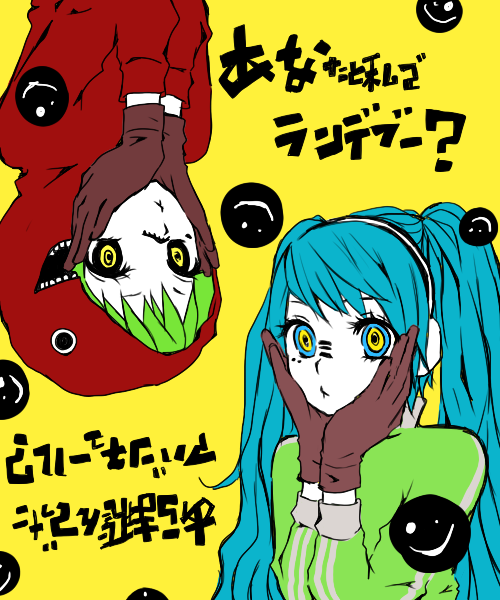 aqua_hair, gloves, green_hair, gumi, hand_on_cheek, hands_on_own_cheeks, hands_on_own_face, hatsune_miku