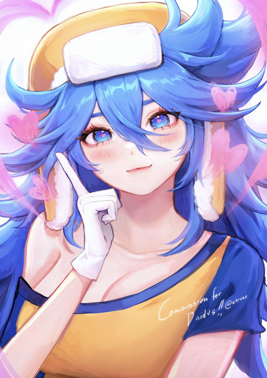 1girl, beanie, blue_eyes, blue_hair, blush, breasts, commission, daidus_(character)