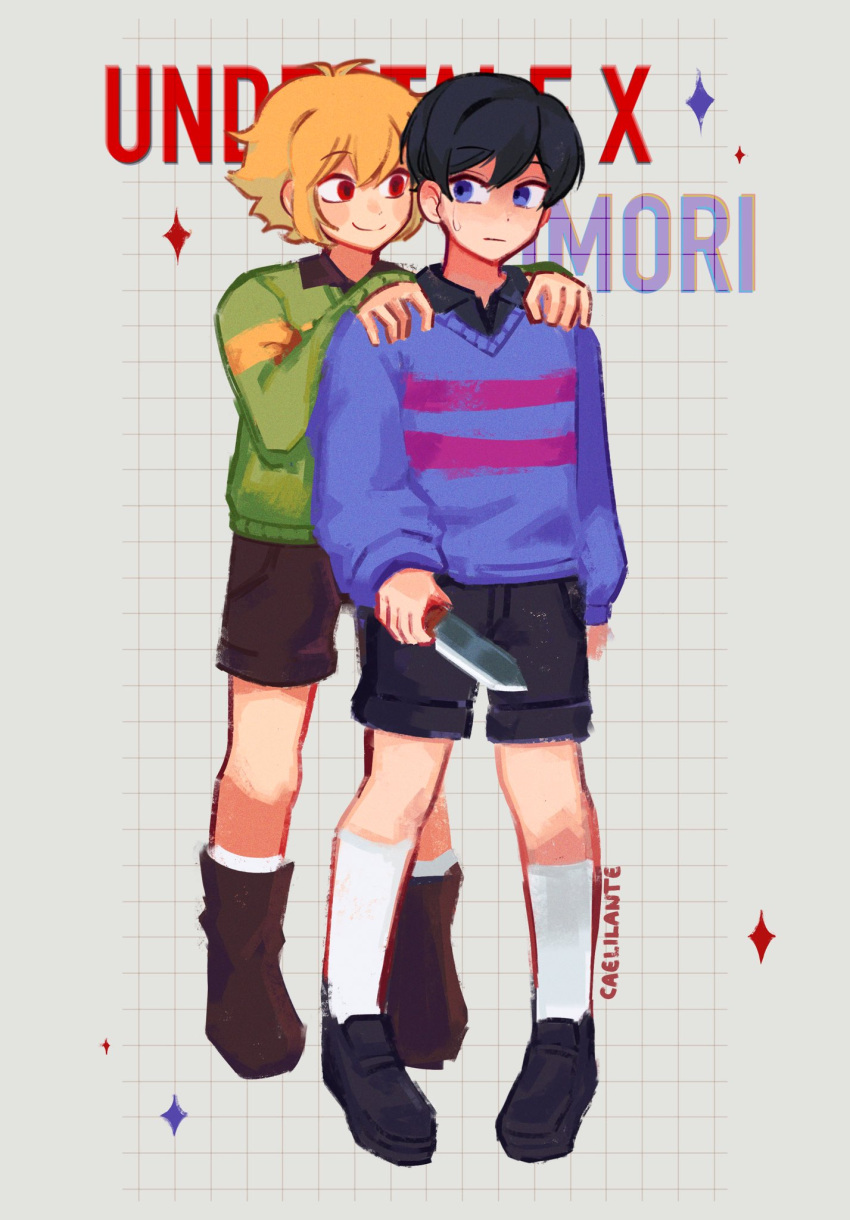 2boys, alternate_eye_color, artist_name, basil_(faraway)_(omori), basil_(omori), black_footwear, black_hair, black_shorts