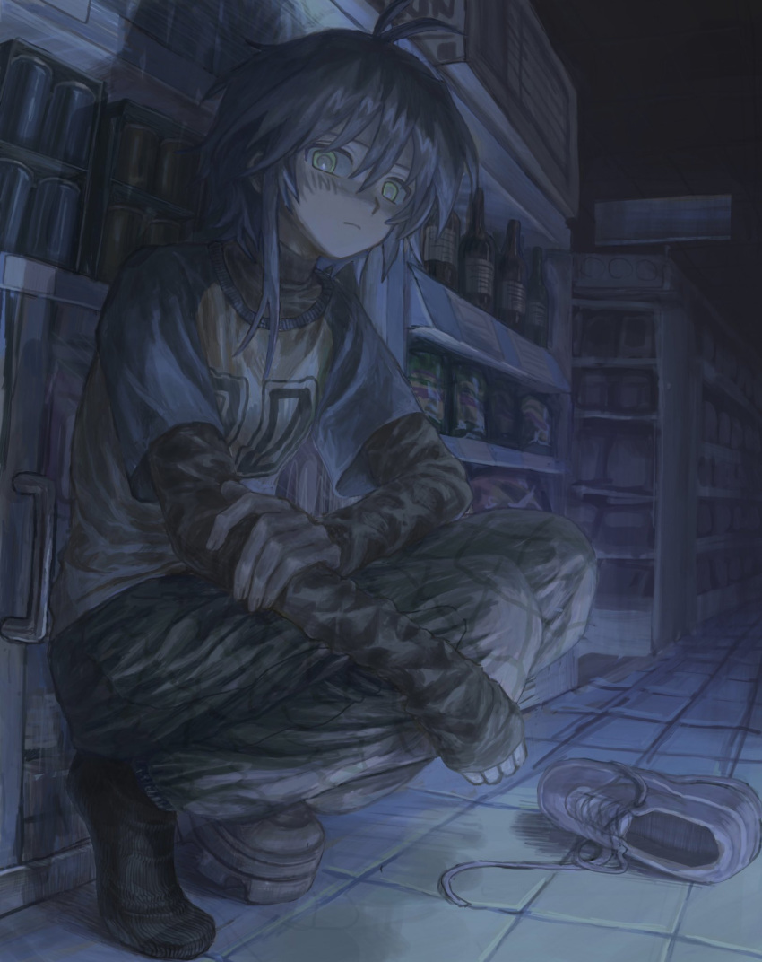 1boy, alcohol, beer, black_socks, blue_hair, brown_sleeves, expressionless, floor