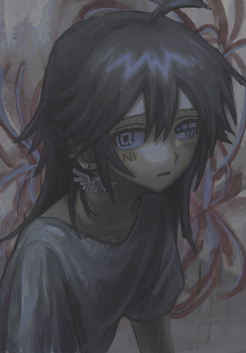 1other, brown_hair, brown_theme, earrings, expressionless, grey_eyes, highres, jewelry