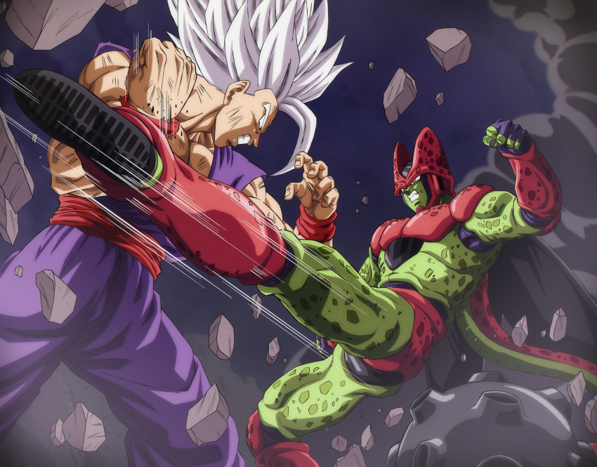 2boys, absurdres, blocking, cell_max, clenched_hands, commentary, debris, dragon_ball