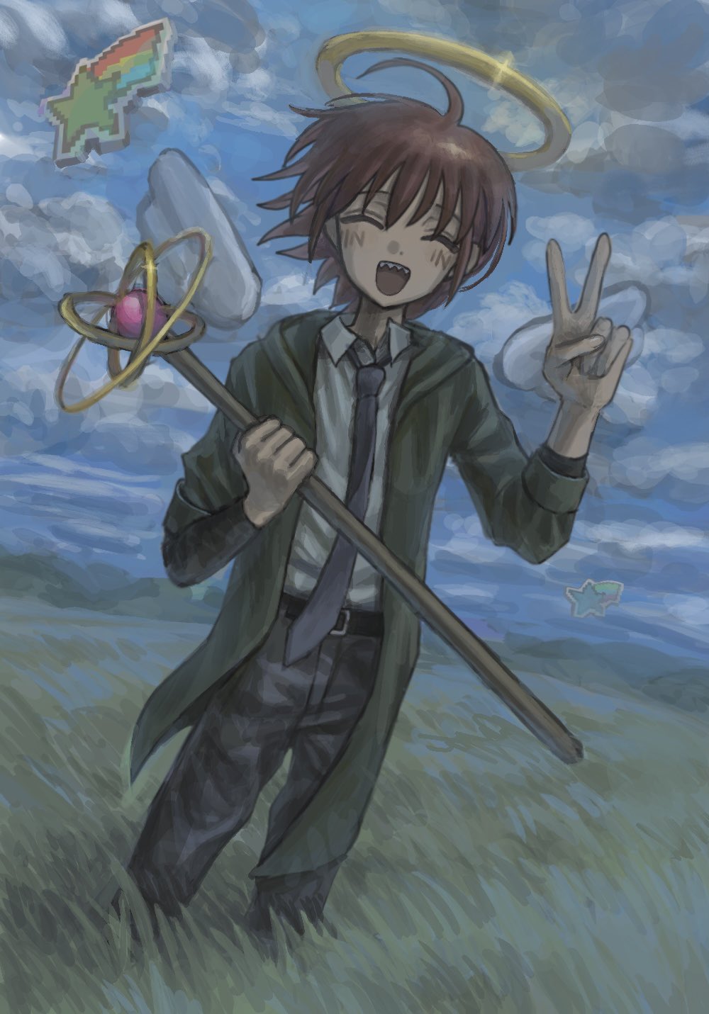 1boy, angel_wings, blue_necktie, blue_sky, denim, grass, green_jacket, grey_pants