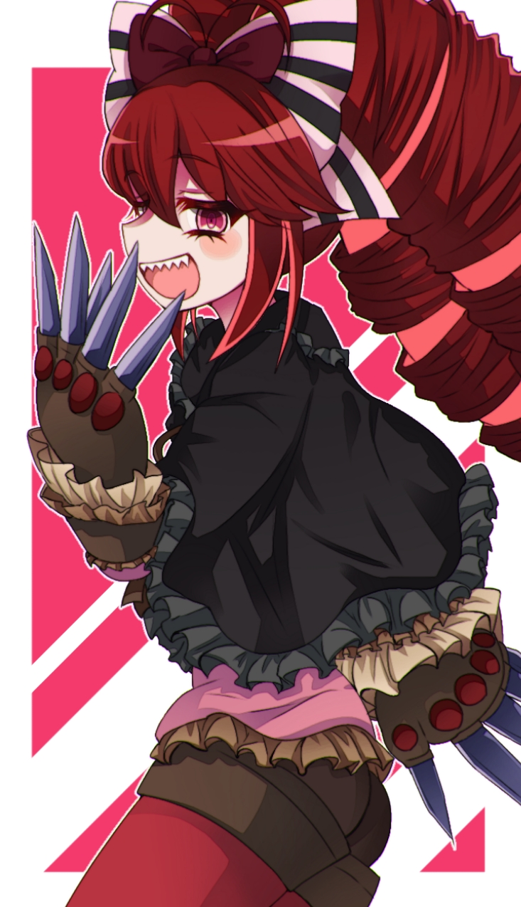 1girl, :d, antenna_hair, autoscorer, black_capelet, blush_stickers, bow, capelet