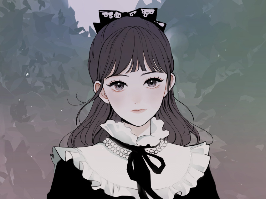1girl, black_dress, black_ribbon, blunt_bangs, close-up, closed_mouth, collar, dress, frilled_collar, frills, grey_eyes, hair_ribbon, highres, jewelry, joy_(red_velvet), looking_at_viewer, neck_ribbon, necklace, red_velvet_(group), ribbon, sidelocks, solo, tree, white_collar, yori