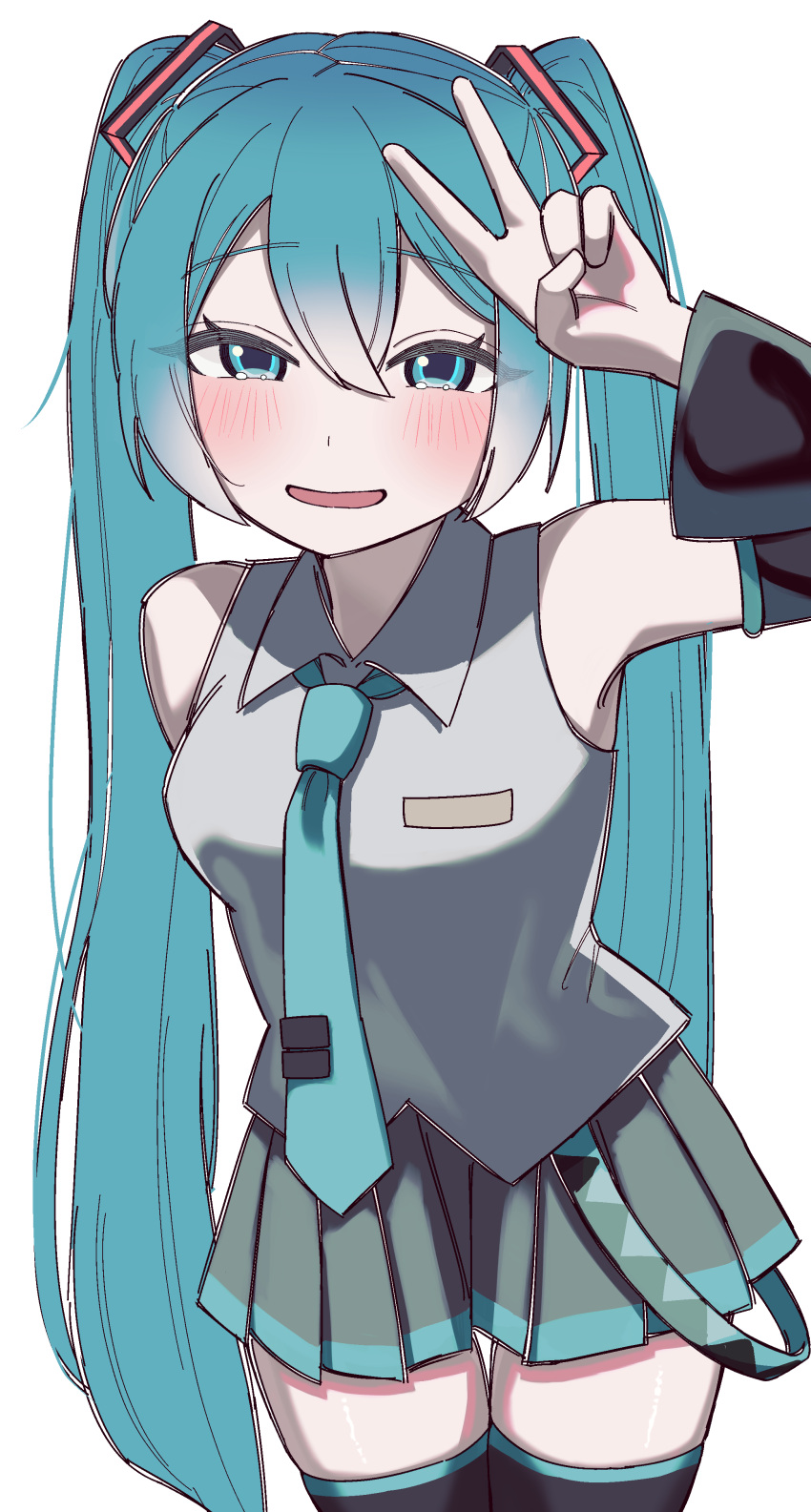 1girl, absurdres, aqua_eyes, aqua_hair, aqua_necktie, belt, black_sleeves, black_thighhighs