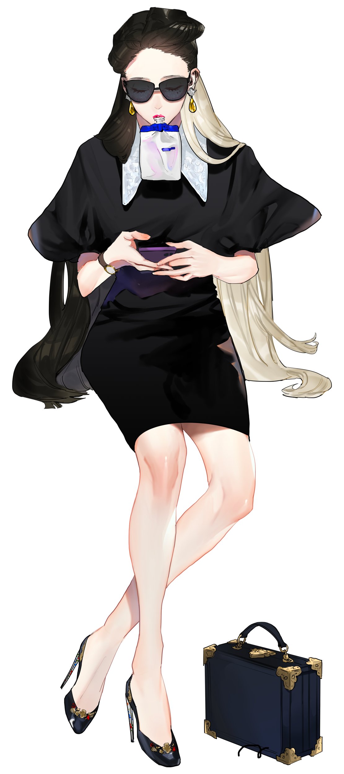 1girl, absurdres, az_(wakana), bag, black_dress, black_footwear, black_hair, blonde_hair, briefcase, cellphone, collared_dress, crossed_legs, dress, drink, drinking, earrings, eyelashes, facing_viewer, full_body, hair_over_shoulder, half_updo, high_heels, highres, holding, holding_phone, invisible_chair, jewelry, lipstick, long_hair, makeup, mole, mole_under_eye, mouth_hold, multicolored_hair, multiple_moles, original, pencil_dress, phone, puffy_short_sleeves, puffy_sleeves, short_dress, short_sleeves, simple_background, sitting, solo, stiletto_heels, sunglasses, two-tone_hair, very_long_hair, watch, watch, white_background, yellow_gemstone