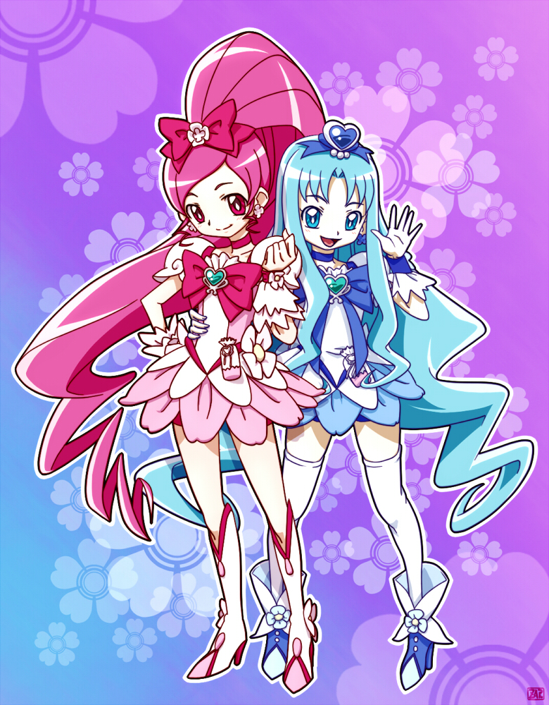 blue_eyes, blue_hair, boots, cure_blossom, cure_marine, flower, hanasaki_tsubomi, heart
