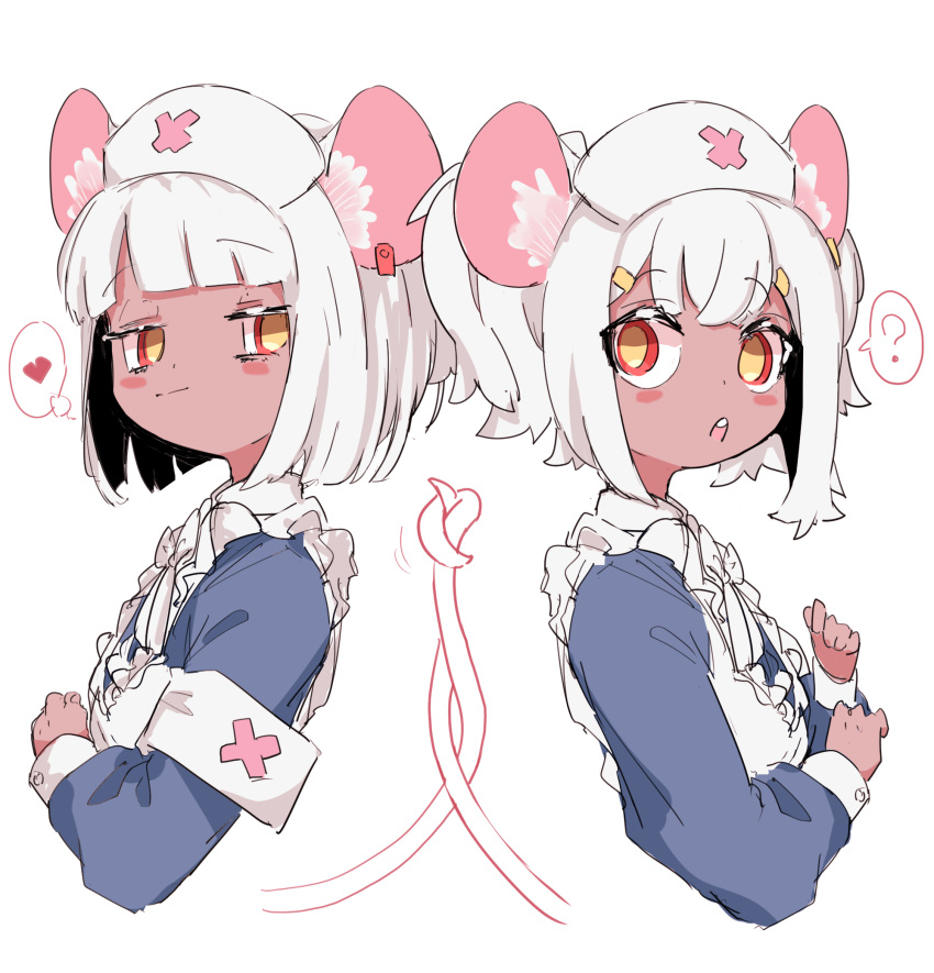 2girls, ?, animal_ears, apron, armband, back-to-back, blue_dress, blush