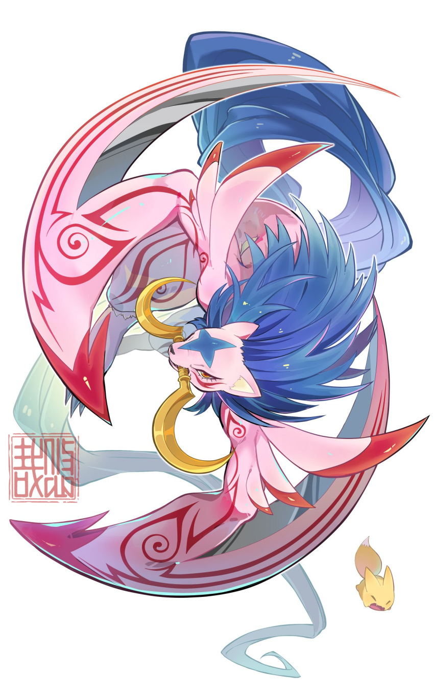 arm_blade, blue_tail, body_markings, claws, commentary, digimon, digimon_(creature), full_body, highres, kyuukimon, mouth_hold, no_humans, orange_eyes, pokomon_(digimon), sharp_teeth, simple_background, symbol-only_commentary, tail, teeth, weapon, weapon_in_mouth, white_background, youzaiyouzai112