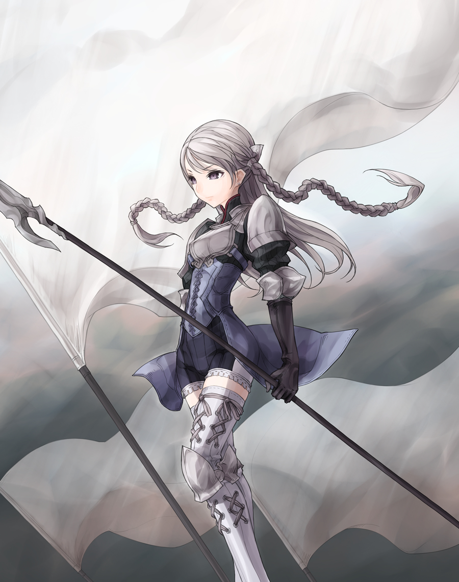 boots, braid, flag, gloves, grey_eyes, grey_hair, kazuoki, long_hair