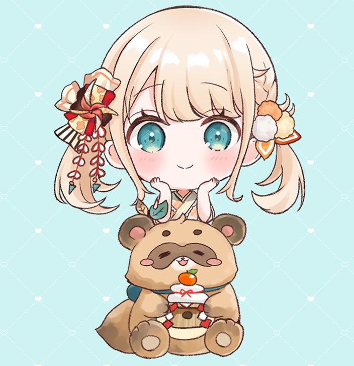 1girl, aqua_background, blonde_hair, blue_eyes, blush, bow, chibi, closed_mouth
