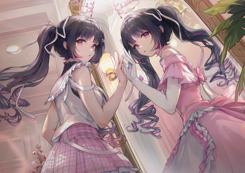 1girl, artist_request, black_hair, blunt_bangs, bridal_gauntlets, cropped_legs, curly_hair, dress