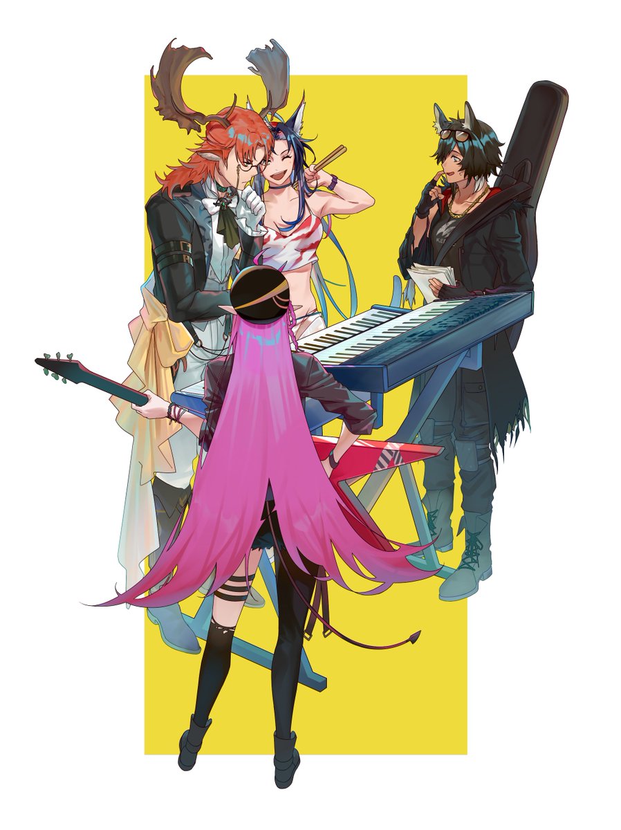 2boys, 2girls, animal_ears, antlers, arknights, black_gloves, black_hair, black_neckerchief, blaze_(arknights), blue_hair, boots, cat_ears, cat_girl, closed_eyes, courier_(arknights), czerny_(arknights), deer_boy, electric_guitar, eyewear_on_head, fingerless_gloves, fox_boy, fox_ears, full_body, furiwo, glasses, gloves, guitar, hat, highres, horns, instrument, keyboard_(instrument), long_hair, midriff, multiple_boys, multiple_girls, neckerchief, orange_hair, pink_hair, pointy_ears, short_hair, simple_background, smile, vigna_(arknights), white_background, white_gloves