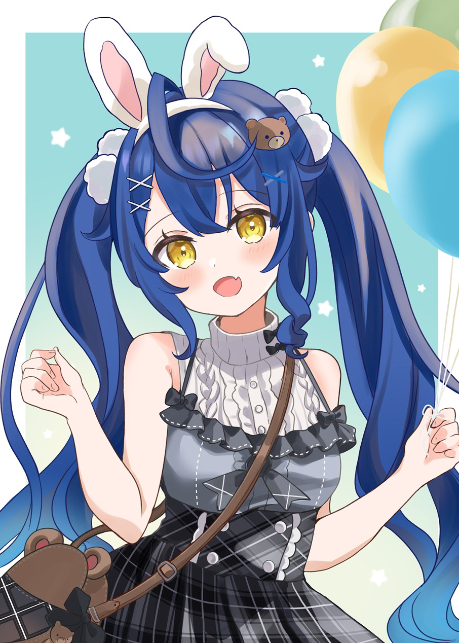 1girl, amamiya_kokoro, amamiya_kokoro_(8th_costume), animal_ears, bag, balloon, bear_hair_ornament, blue_hair