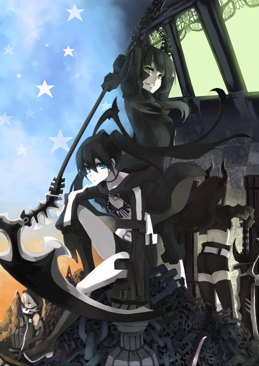 absurdres, arm_cannon, black_gold_saw, black_hair, black_rock_shooter, black_rock_shooter_(character), blue_eyes, boots