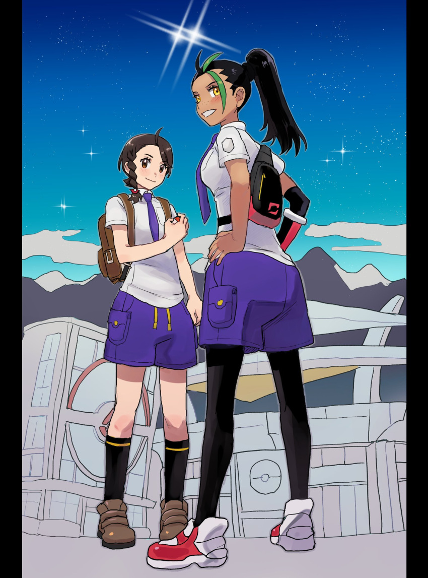 2girls, backpack, bag, black_hair, black_pantyhose, black_socks, braid, brown_eyes