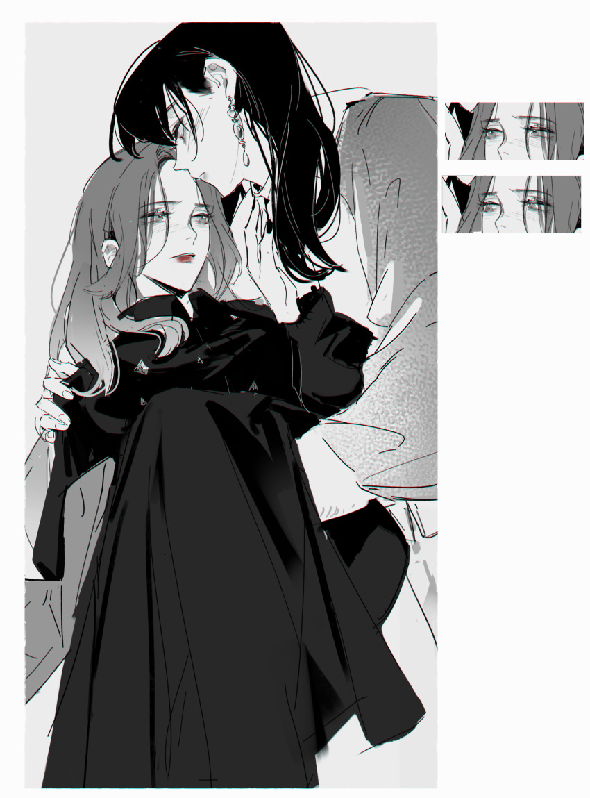 2girls, absurdres, blush, carrying, chaser_game_w, chinese_commentary, commentary_request, earrings