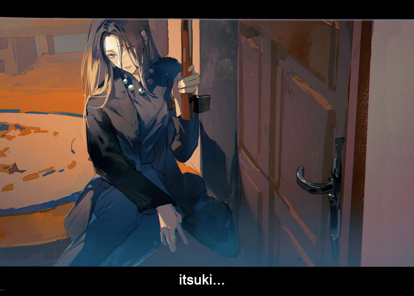 1girl, absurdres, black_dress, black_eyes, black_hair, black_pants, blush, character_request