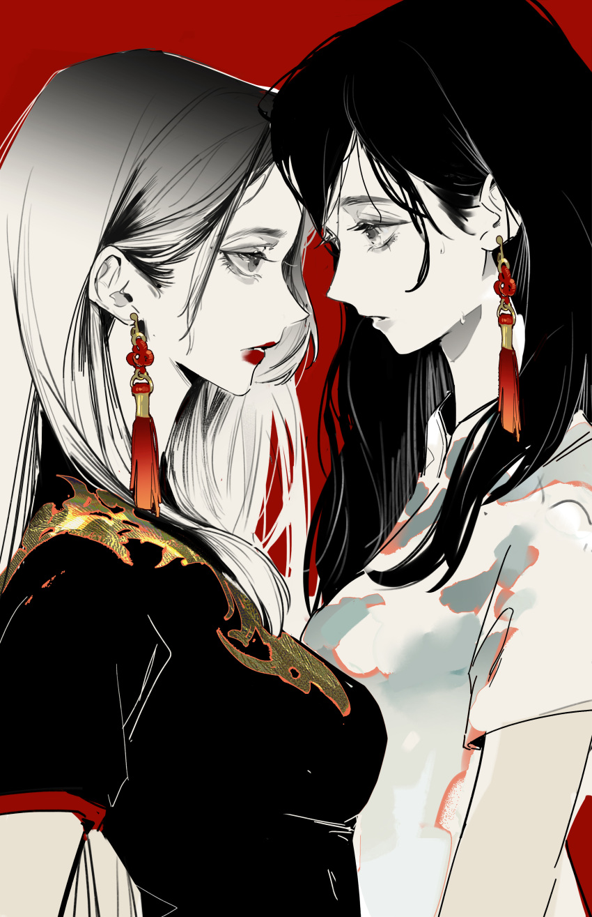 2girls, absurdres, asymmetrical_docking, black_dress, black_hair, breast_press, chaser_game_w, china_dress