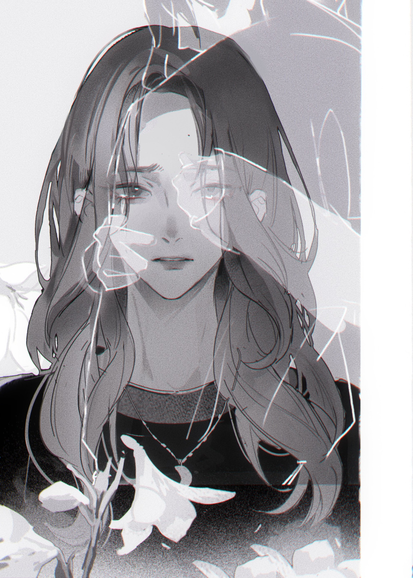 2girls, absurdres, character_request, chaser_game_w, chinese_commentary, commentary_request, crescent_moon, falling_flower
