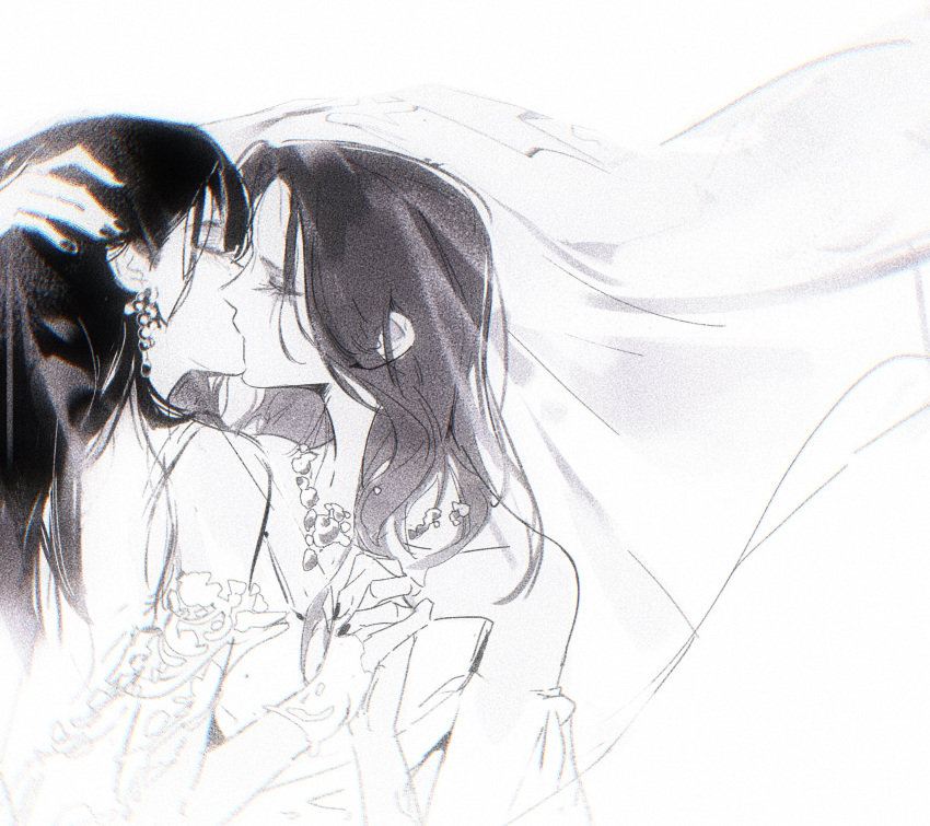 2girls, absurdres, bridal_veil, chaser_game_w, chinese_commentary, closed_eyes, commentary_request, dress, greyscale, hand_on_another's_head, harumoto_itsuki, hayashi_fuyu, highres, holding_hands, jewelry, kiss, long_hair, monochrome, multiple_girls, necklace, upper_body, veil, wedding_dress, wife_and_wife, yoohu6, yuri