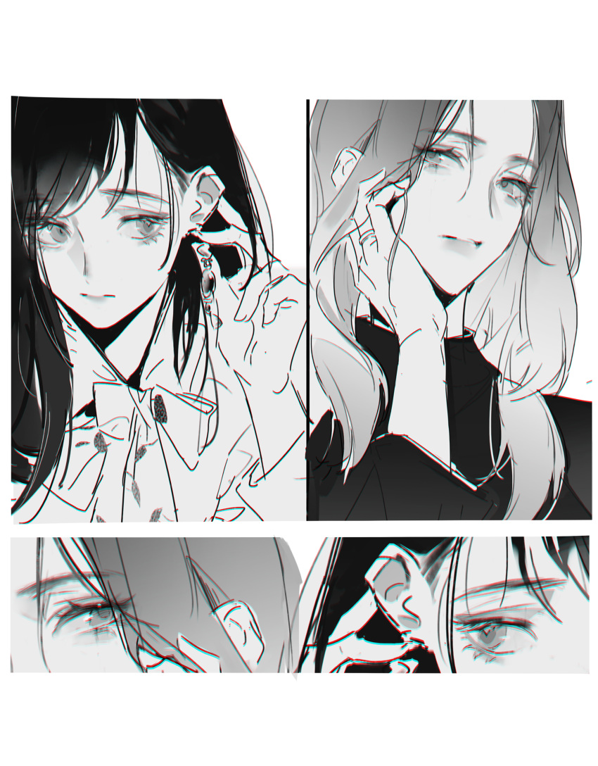 2girls, absurdres, chaser_game_w, chinese_commentary, chromatic_aberration, closed_mouth, commentary_request, earrings