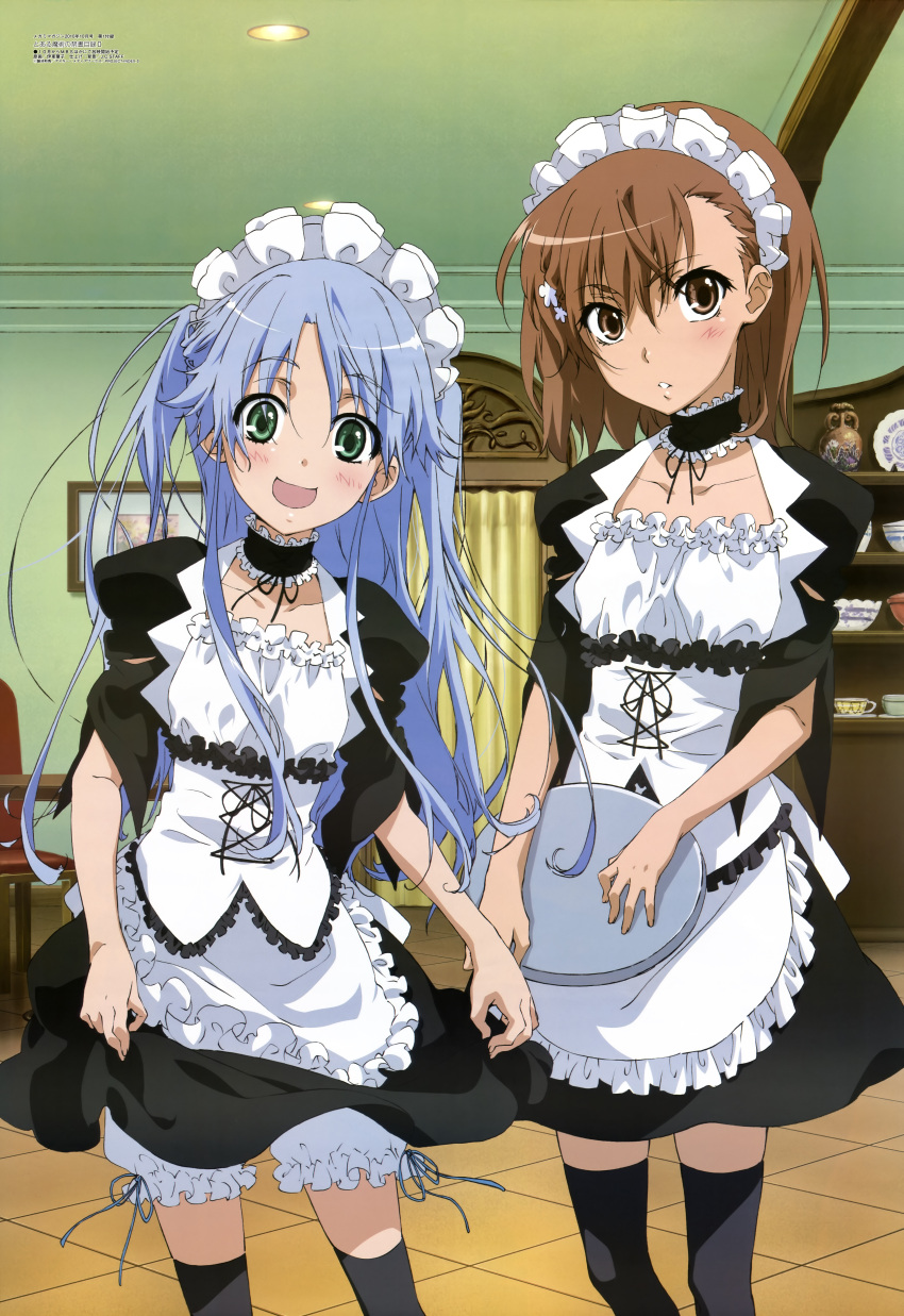 absurdres, alternate_costume, bloomers, blush, cosplay, enmaided, frills, hair_ornament, hairclip, highres, index, itou_youko, kaichou_wa_maid-sama, kaichou_wa_maid-sama!, maid, maid_headdress, megami, messy_hair, misaka_mikoto, multiple_girls, official_art, smile, thigh-highs, thighhighs, to_aru_kagaku_no_railgun, to_aru_majutsu_no_index, twintails