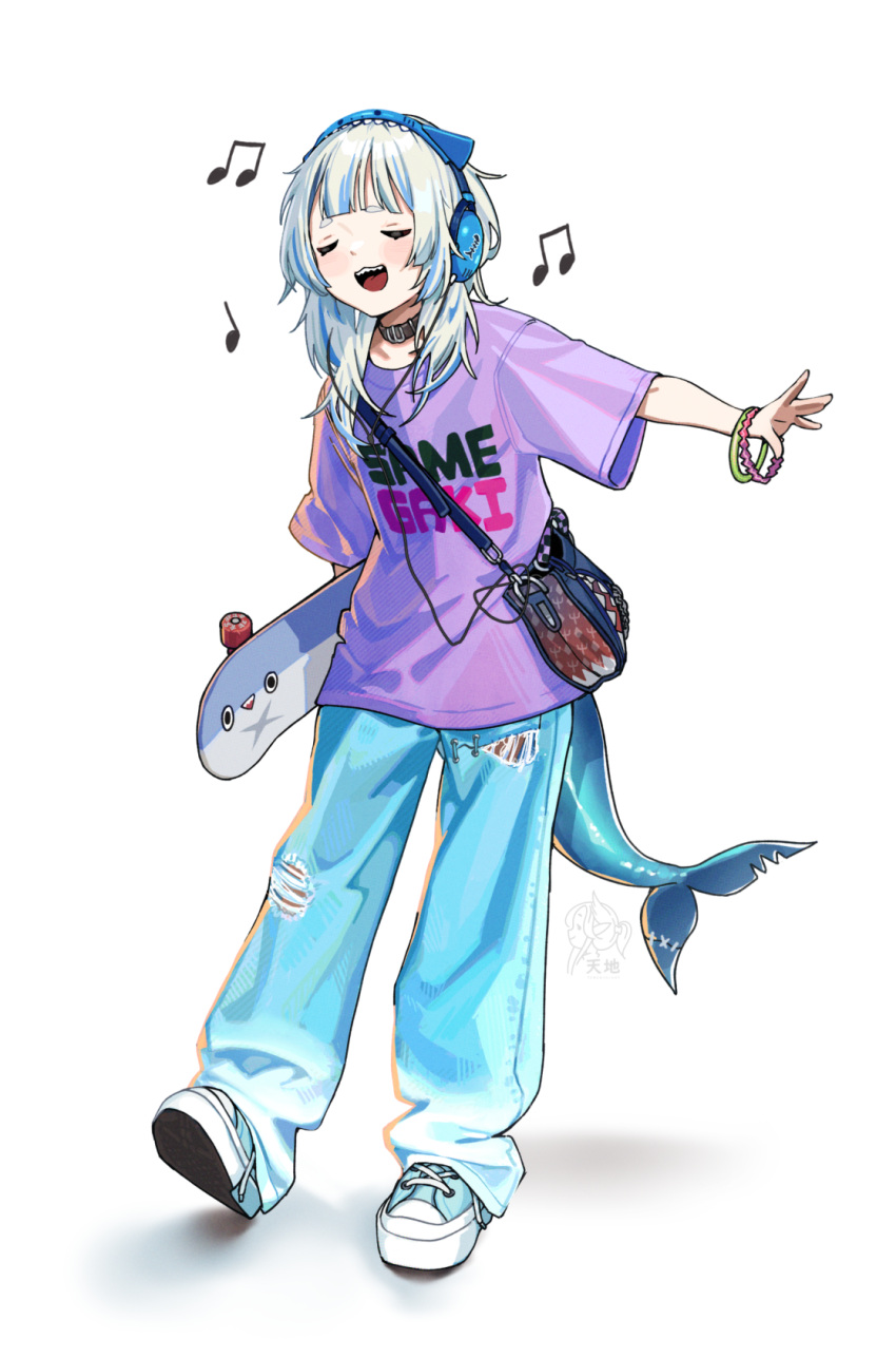 1girl, alternate_costume, animal_bag, bag, bloop_(gawr_gura), blue_hair, bracelet, denim