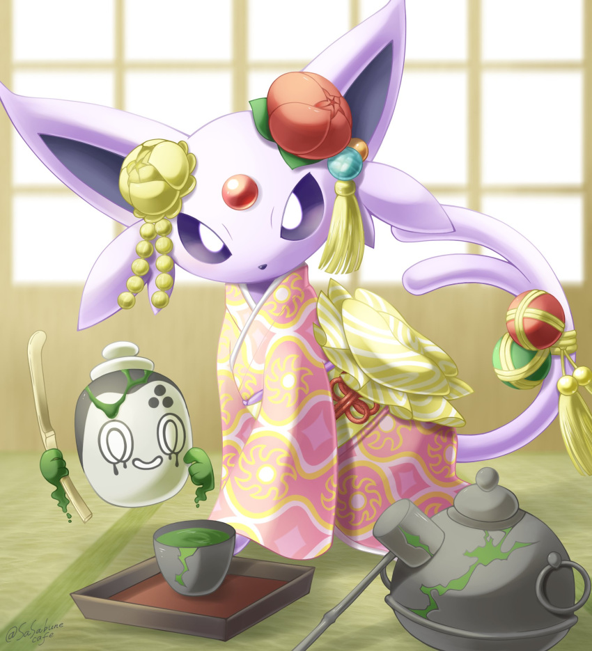 artist_name, back_bow, blurry, bow, bright_pupils, chagama_(pot), clothed_pokemon, commentary_request