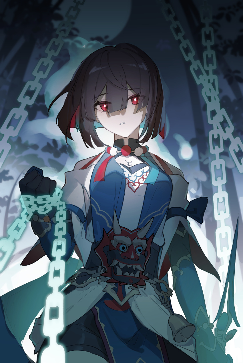 1girl, absurdres, bead_necklace, beads, bell, black_gloves, black_shorts, bright_pupils