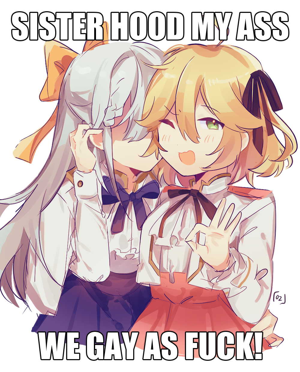 2girls, ahoge, anisphia_wynn_palettia, black_ribbon, blonde_hair, blush, commentary, cropped_jacket