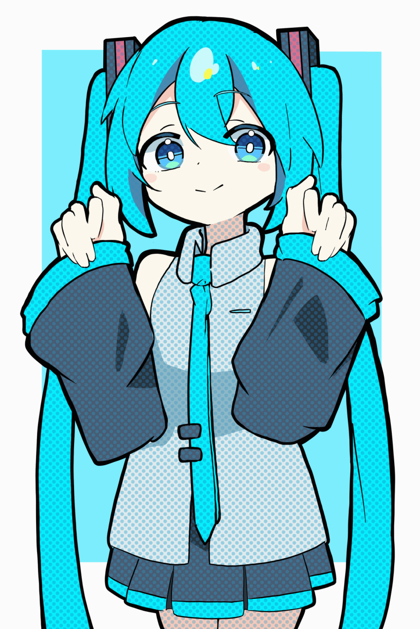 1girl, aqua_eyes, aqua_hair, aqua_necktie, bare_shoulders, black_outline, blue_background, blush_stickers