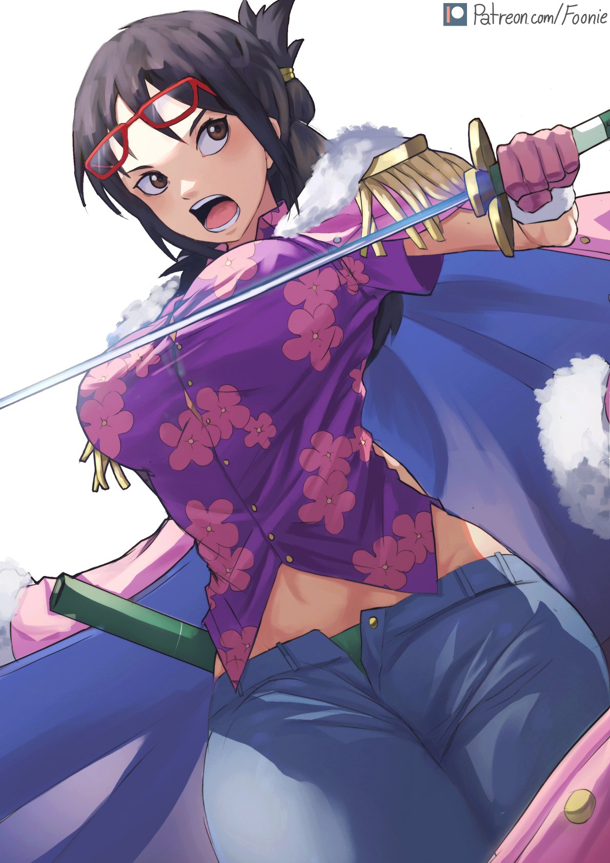 1girl, black_hair, brown_eyes, commentary, english_commentary, epaulettes, eyewear_on_head, funi_xd