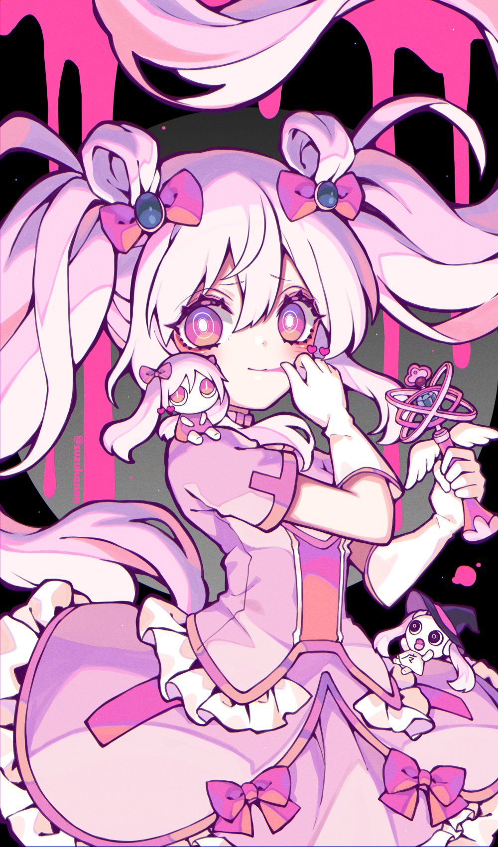 1girl, aimaina, bow, doushite-chan, hair_bow, hair_ornament, hatsune_miku, highres, kyouda_suzuka, light_blush, light_smile, long_hair, magical_girl, mahou_shoujo_to_chokorewito_(vocaloid), multiple_hair_bows, pink_eyes, pink_hair, pink_ribbon, ribbon, short_sleeves, twintails, vocaloid, wand