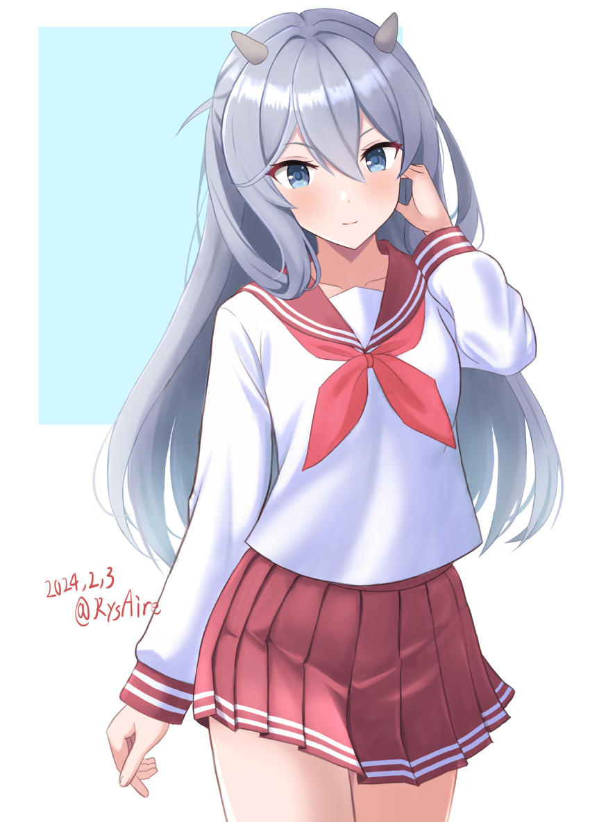 1girl, alternate_costume, ame-san, blue_eyes, blue_hair, cowboy_shot, dated, double_horizontal_stripe