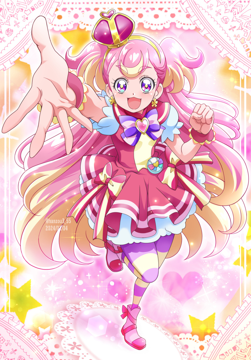 1girl, :3, :d, blonde_hair, boots, bow, brooch, clenched_hand